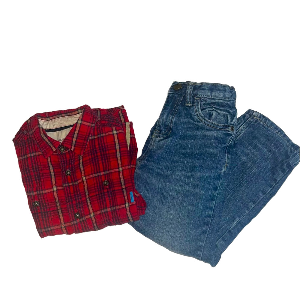 Boys flannel long sleeve top tough skin red lined jeans outfit bundle set 5t